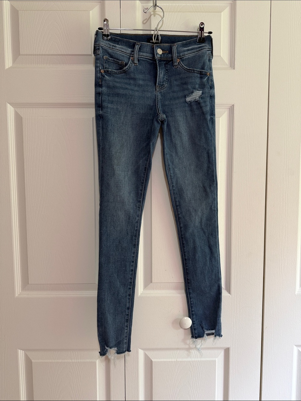 Express Women's Dark Blue Skinny Jeans with Frayed Hem
